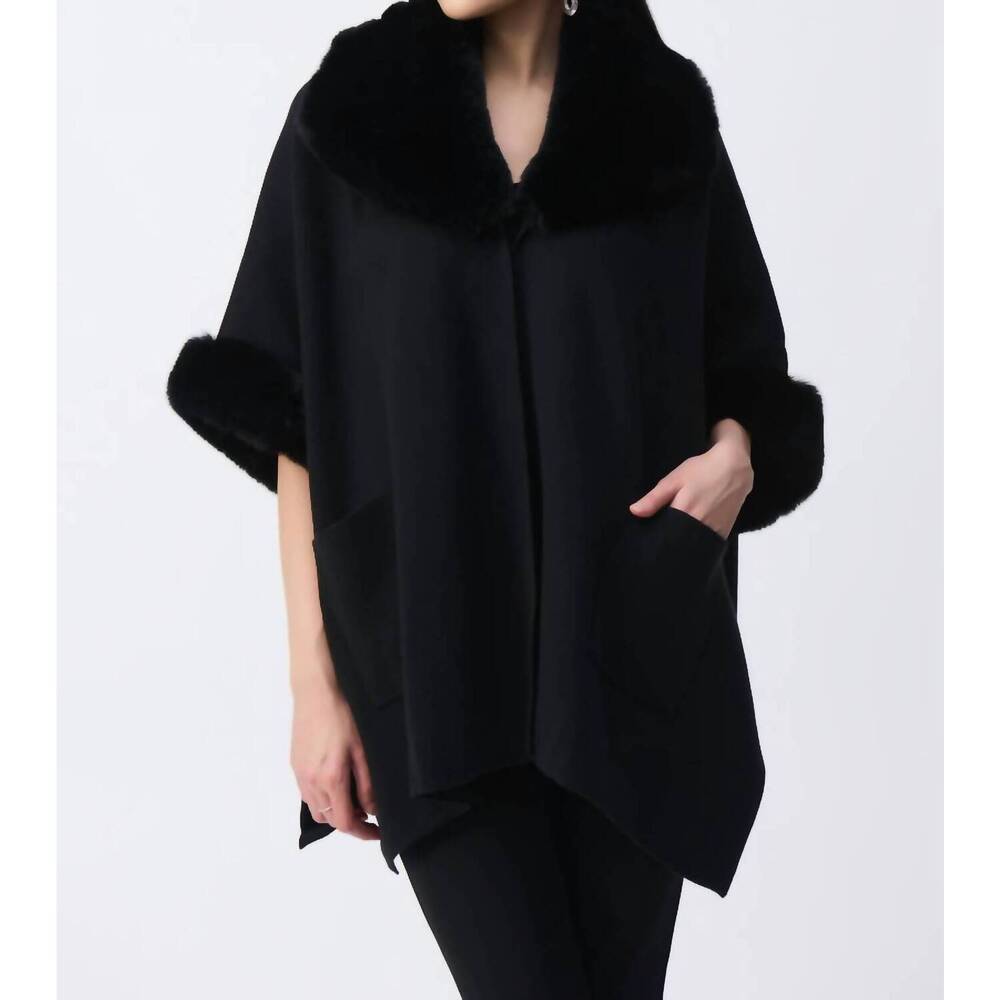 NEW JOSEPH RIBKOFF brushed jacquard and faux fur cape in black